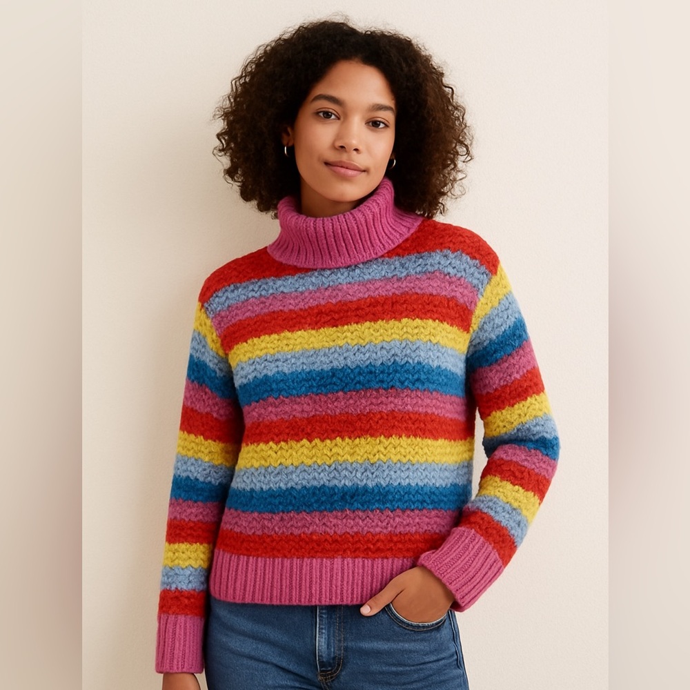 Anthropologie Wool & Cashmere Rainbow Cable Knit Turtleneck Sweater Size Medium